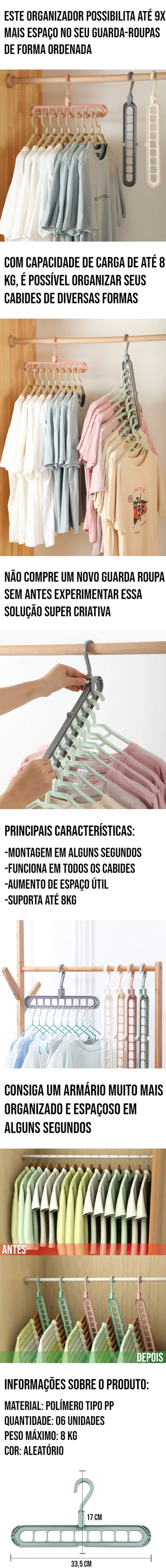 Cabide Organizador para Guarda Roupas, com capacidade para 9x mais cabides, suporta até 8 kg, versátil e resistente