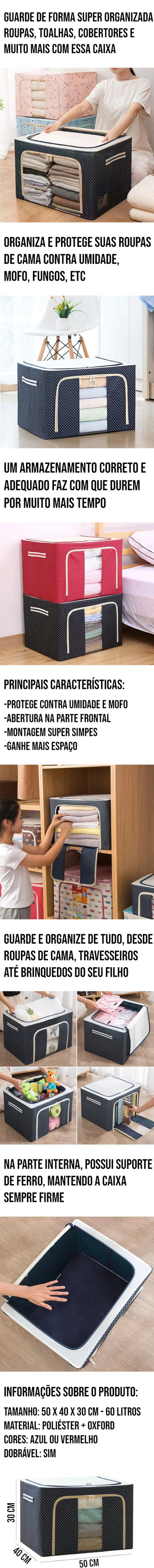 Caixa Organizadora de Roupas 60 Litros, com suporte interno de ferro para manter firmeza e proteção contra umidade e mofo