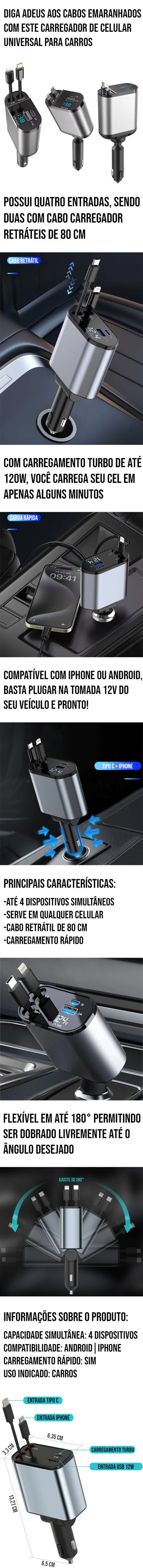 Carregador de Celular Universal para Carros 4 em 1 com carregamento turbo de 120W, cabos retráteis e compatibilidade com iPhone e Android