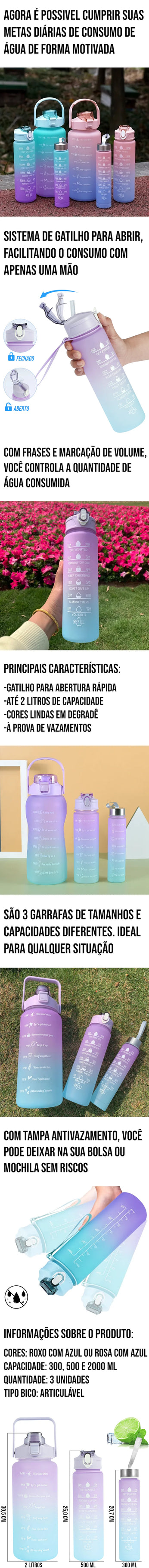 Garrafa de Água Motivacional com frases e marcação de volume, sistema de gatilho e tampa antivazamento, em três tamanhos diferentes