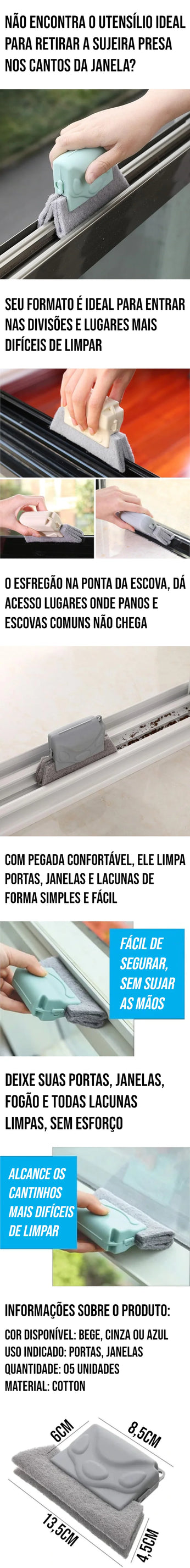 Limpa Janela (05 Unidades), escova com esfregão para limpar divisões e cantos de janelas e portas