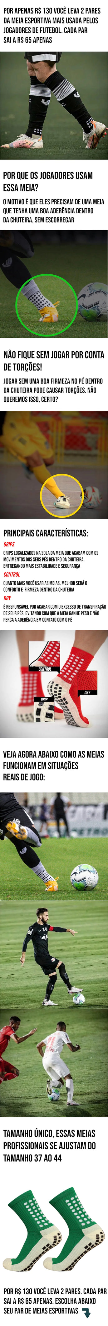 Meia esportiva antiderrapante, preferida pelos jogadores de futebol, com máxima aderência