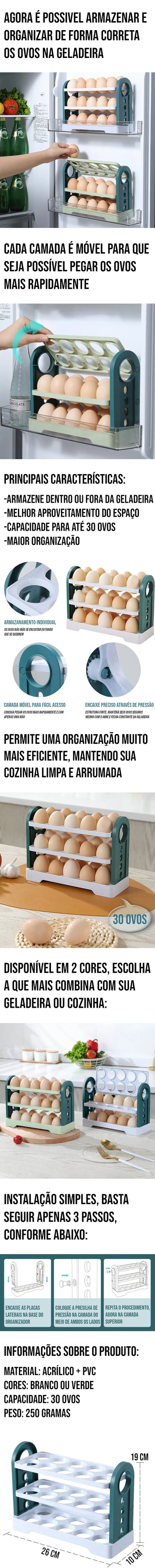 Organizador de ovos para geladeira com camadas móveis, fácil acesso e organização