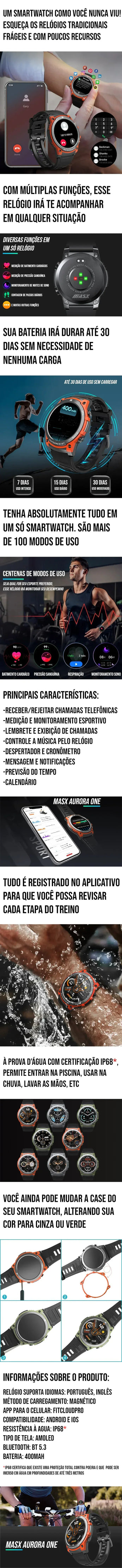 Smartwatch Masx Aurora One com bateria de 30 dias, à prova d'água, personalizável com mais de 100 modos de uso