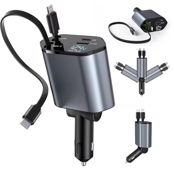 Carregador de Celular Universal para Carros 4 em 1 Carregador de Celular Universal para Carros 4 em 1 com carregamento turbo de 120W, cabos retráteis e compatibilidade com iPhone e Android