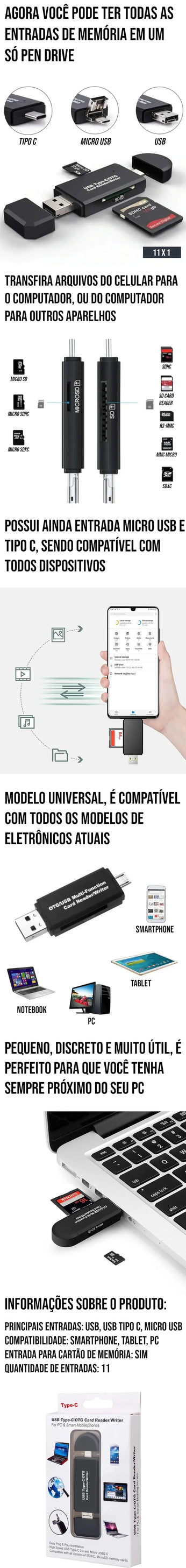 Adaptador USB para Cartão de Memória 11 em 1 compatível com Micro USB, Tipo C e todos os cartões de memória