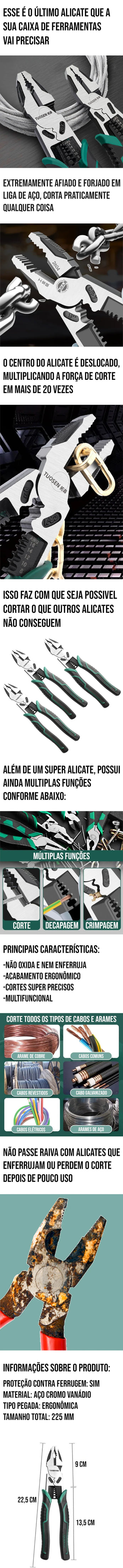 Alicate Universal Indestrutível Tuosen multifuncional, forjado em aço, com design que multiplica a força de corte