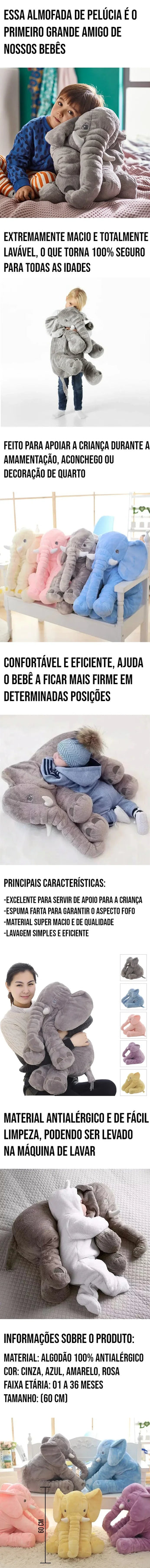 Almofada Elefante de Pelúcia para Bebê em material antialérgico e macio, ideal para amamentação e decoração