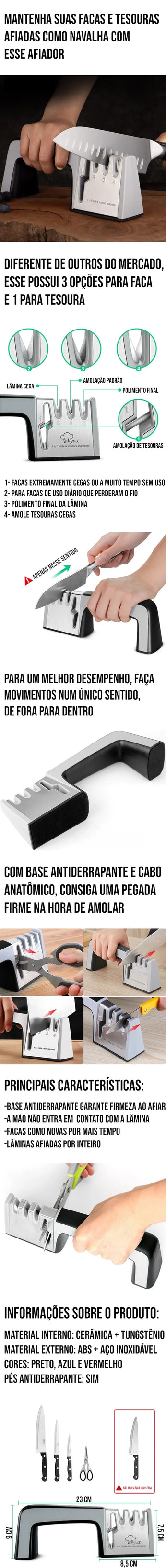 Amolador de Facas e Tesouras com base antiderrapante e cabo anatômico, com 3 opções para facas e 1 para tesouras