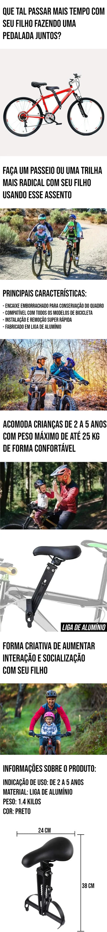 Banco Selim Bicicleta Mountain Bike para Criança, feito em liga de alumínio, com encaixe emborrachado e suporte de até 25 kg