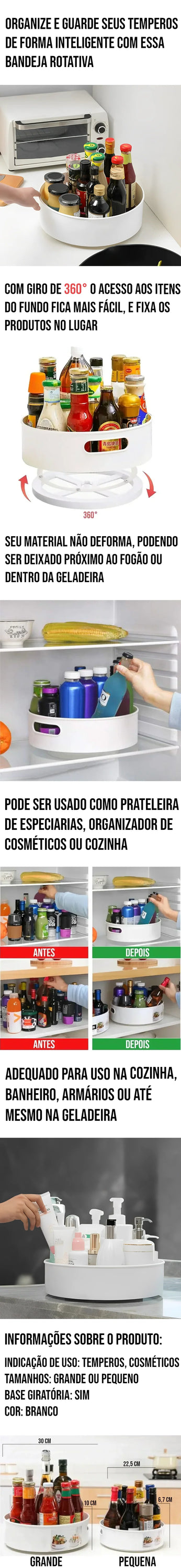 Bandeja Rotativa Multifuncional com giro de 360 graus, disponível em tamanhos grande e pequeno, para organização prática