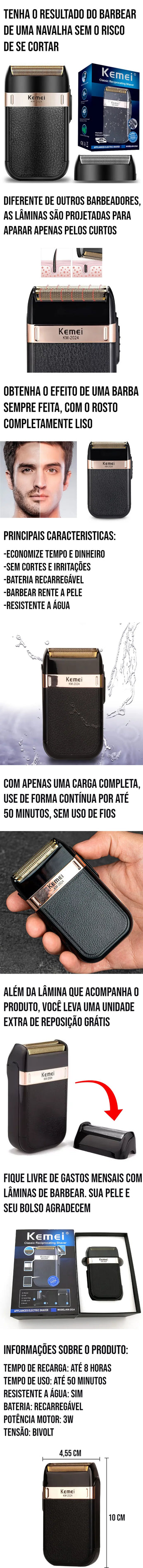 Barbeador Elétrico Kemei com lâminas projetadas para aparar pelos curtos, uso sem fios por até 50 minutos e lâmina de reposição grátis