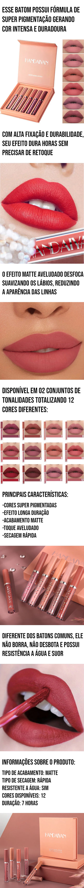 Batom Líquido Efeito Matte Handaiyan, com alta pigmentação e 12 cores disponíveis, hidrata e suaviza os lábios