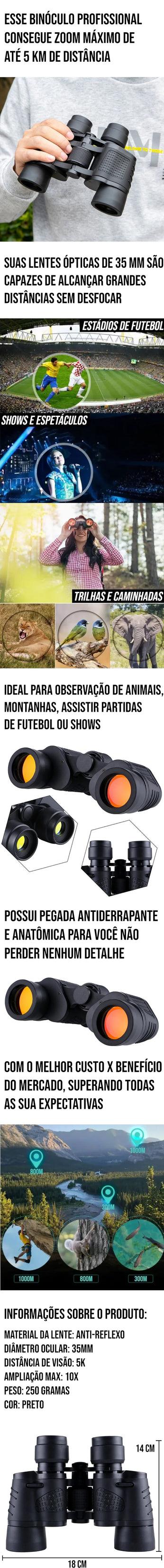 Binóculo profissional com alcance de 5 km, lentes de 35 mm e design antiderrapante para observação a longa distância