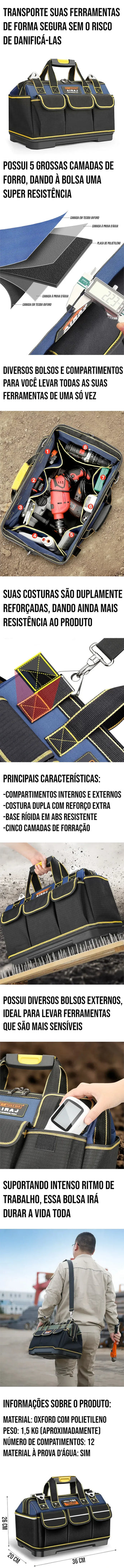 Bolsa para Ferramentas Multifuncional com 5 camadas de forro, compartimentos externos e costuras duplas reforçadas