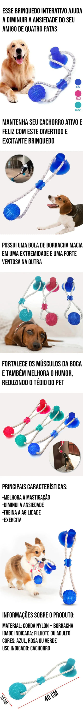 Brinquedo Mordedor Interativo Corda para Cachorro, com bola de borracha macia e ventosa resistente para reduzir o estresse