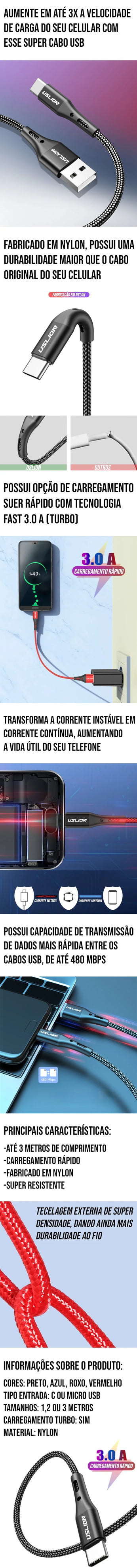 Cabo USB para Smartphone (Android), feito em nylon resistente, com carregamento rápido de 3.0 A e transmissão de dados de 480 MBPS