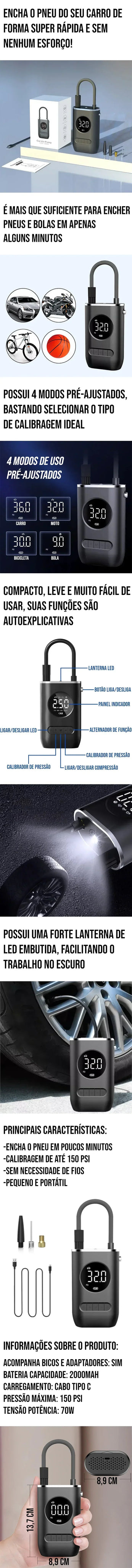 Calibrador de Pneus Elétrico Portátil, compacto e com lanterna de LED embutida, para encher pneus e bolas rapidamente