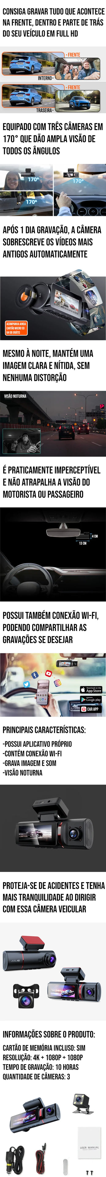 Camera Veicular Interna Full HD com três lentes de 170°, visão noturna e conectividade Wi-Fi para segurança automotiva