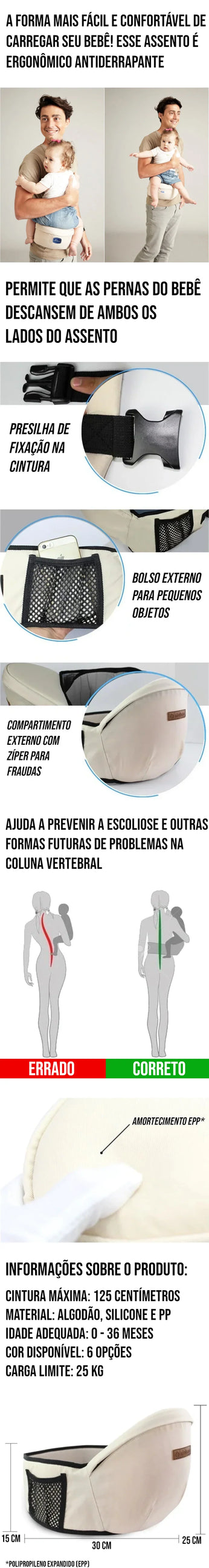 Carregador Portador de Bebês, com assento ergonômico antiderrapante e material de alta qualidade para suporte confortável