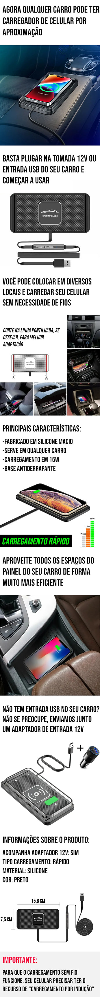 Carregador de Celular por Indução para Carros, fácil de usar, compatível com entradas 12V e USB, carrega sem fios