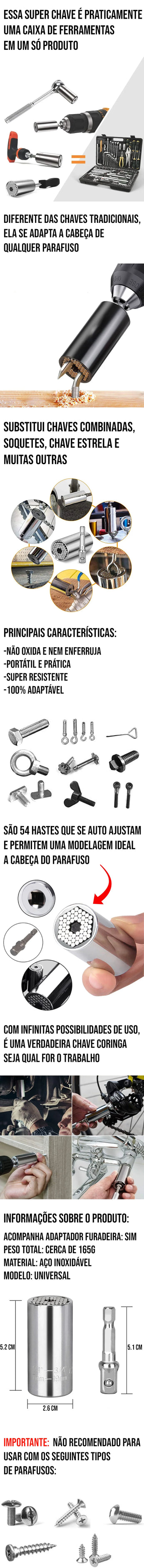 Chave de Torque Universal Ajustável, com 54 hastes autoajustáveis, ideal para qualquer tipo de parafuso