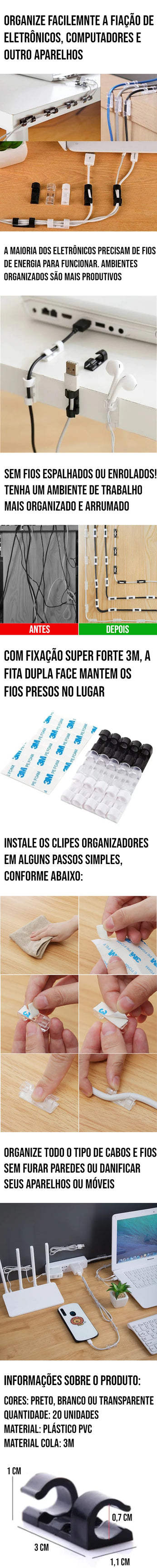 Clipe Organizador de Fios e Cabos, com fixação 3M e fita dupla face, ideal para organizar cabos e fios no escritório