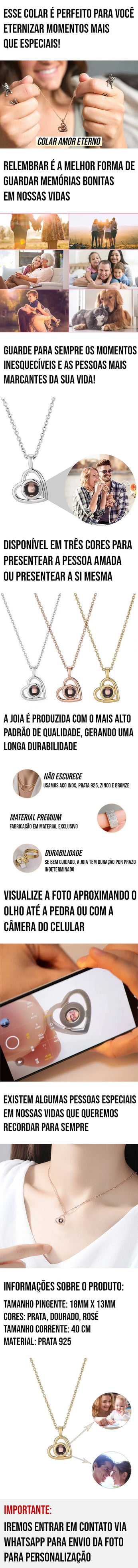Colar Amor Eterno com Foto Personalizável, disponível em três cores, com visualização da foto pela pedra ou câmera do celular