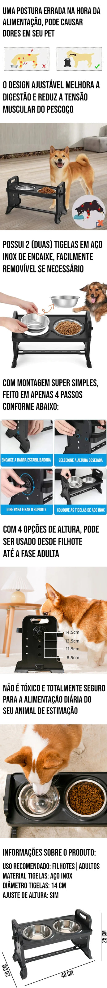 Comedouro Ajustável para Cachorro e Gato, com 2 tigelas de aço inox removíveis, ajustável em 4 alturas, ideal para todas as fases