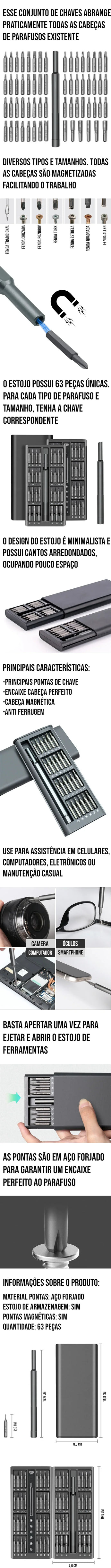Conjunto de Chave de Fenda Magnética com 63 peças, ideal para manutenção de eletrônicos e reparos casuais, com design compacto