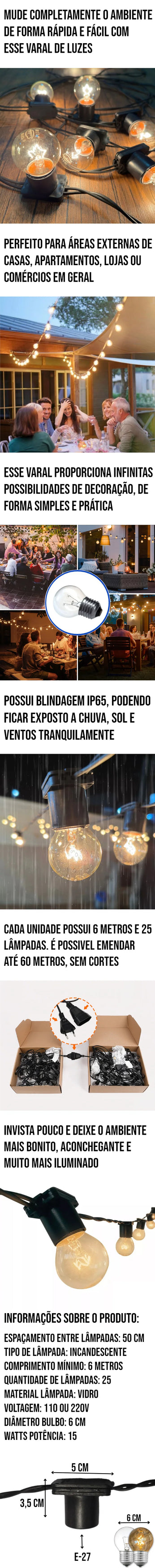 Cordão Varal de Luzes 25 Lâmpadas, ideal para áreas externas, festas e eventos, com 6 metros de comprimento e fácil emenda