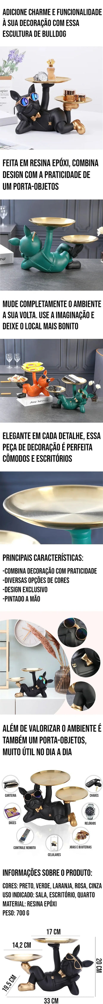 Estátua Decorativa Bulldog Francês, feita em resina epóxi, porta-objetos prático e elegante para decoração de ambientes