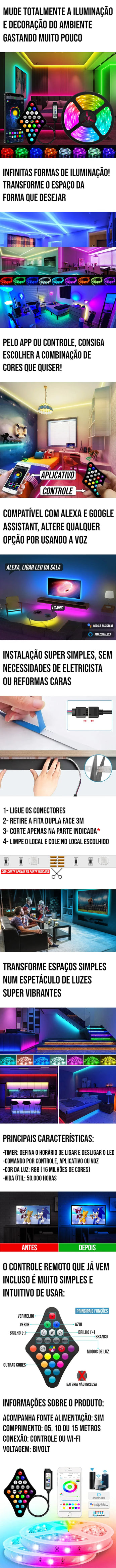 Fita Led RGB com Controle Remoto e Conexão Wi-Fi, personalizável com cores vibrantes e controle por voz com Alexa e Google Assistant