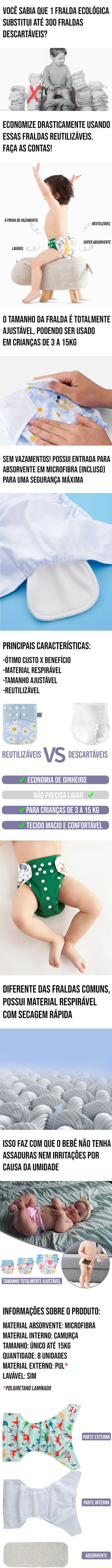 Fralda Ecológica reutilizável, ajustável para bebês de 3 a 15kg, com absorvente em microfibra para máxima segurança