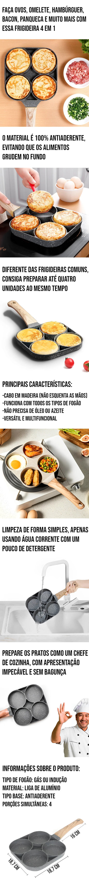 Frigideira 4 Divisórias Antiaderente, ideal para cozinhar múltiplas porções ao mesmo tempo, com material antiaderente de fácil limpeza