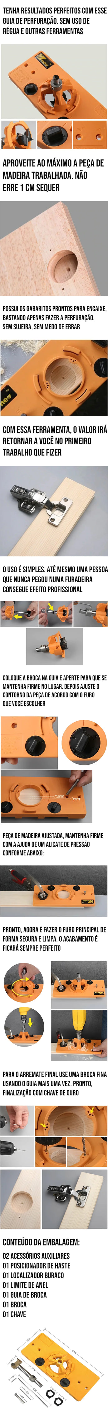 Gabarito Guia de Furação de Dobradiças, para perfurações precisas e profissionais em madeira, ideal para marceneiros e iniciantes