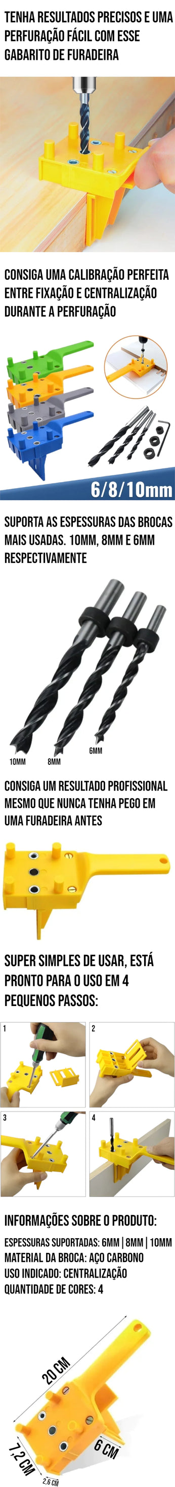 Guia de Broca Gabarito para Madeira, com calibração precisa e suporte para brocas de 10mm, 8mm e 6mm, ideal para perfurações exatas