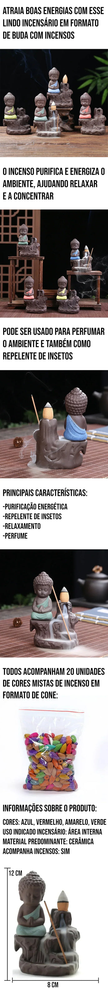 Incensário de Buda, ideal para purificar e energizar o ambiente, promove relaxamento e pode ser usado como repelente de insetos