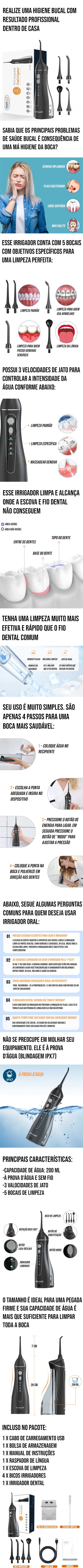 Irrigador Oral Mornwell com 5 bocais e 3 velocidades de jato, ideal para uma limpeza bucal profunda e eficaz