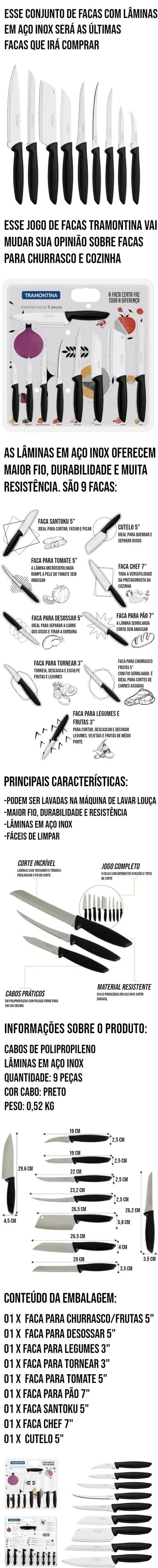 Jogo de Facas Tramontina Plenus Inox Premium, 9 peças com lâminas de aço inox, duráveis e fáceis de limpar