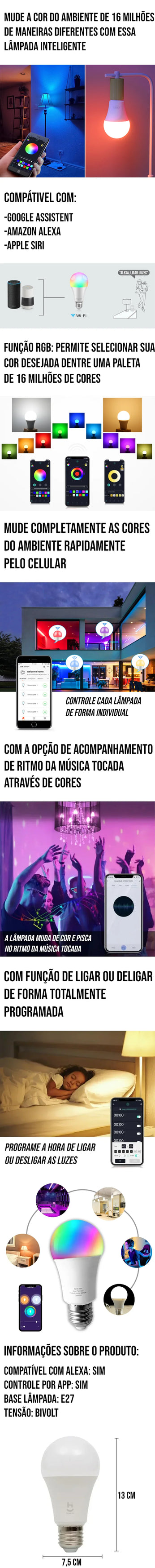 Lâmpada Inteligente LED com 16 milhões de cores, compatível com Google Assistant, Alexa e Siri