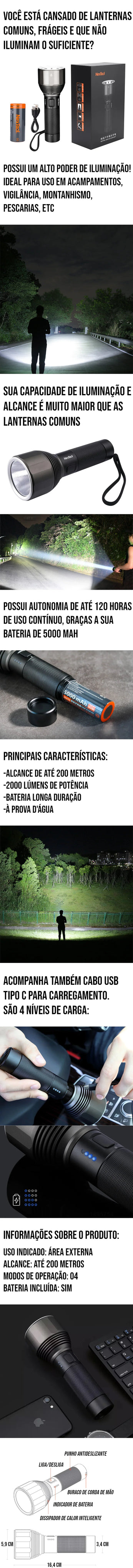 Lanterna Nextool Profissional com proteção IPX7 e bateria de 5000 mAh, ideal para aventuras ao ar livre