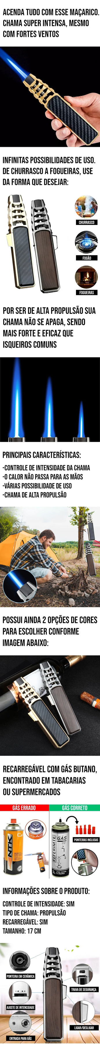 Maçarico recarregável com chama de alta propulsão para uso culinário e doméstico
