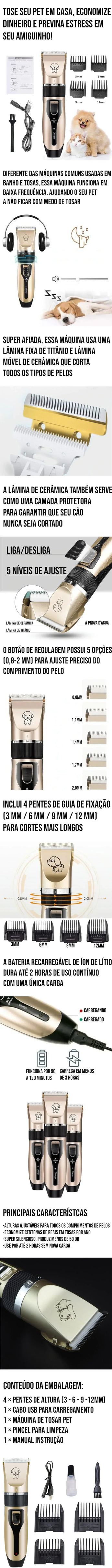 Máquina de tosa pet bivolt silenciosa e ajustável para cortes seguros