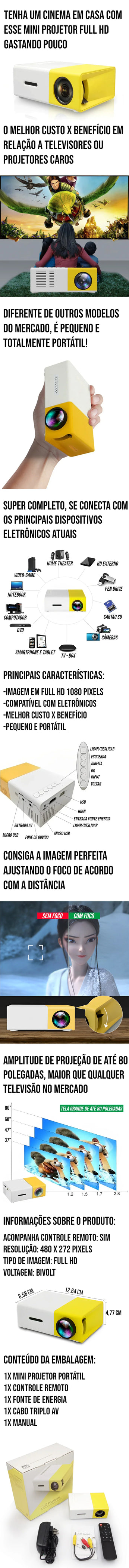Mini projetor portátil Full HD com projeção de 80 polegadas