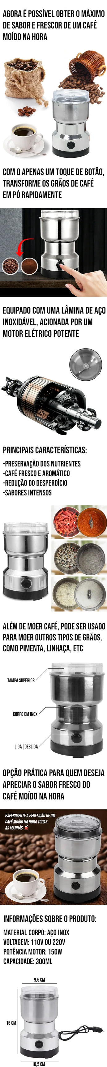 Moedor de Café Elétrico em Inox para grãos frescos