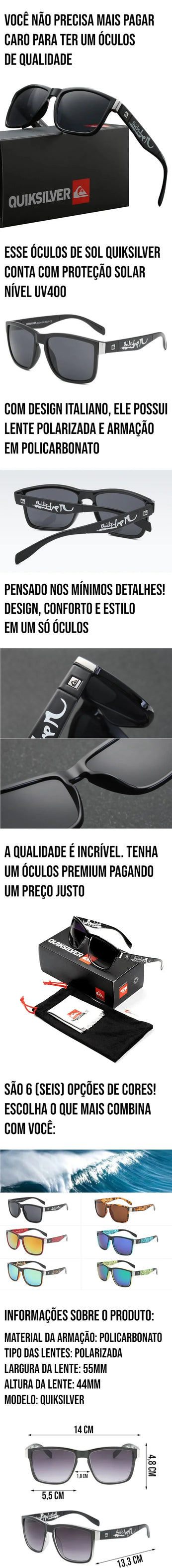 Óculos de sol Quiksilver polarizado com design italiano e proteção UV400