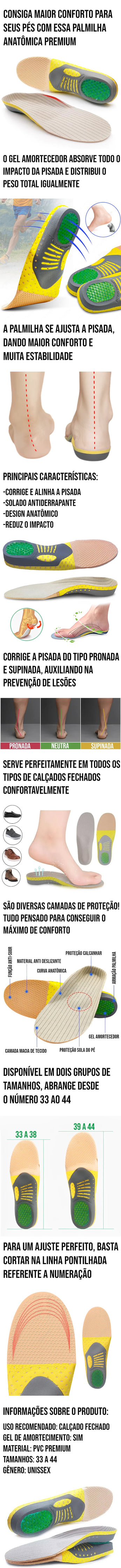 Palmilha anatômica de gel ajustável para conforto e estabilidade em diferentes tipos de calçados