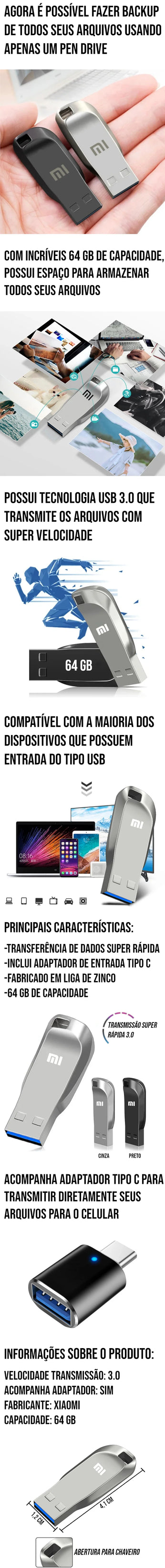 Pen drive com super capacidade de armazenamento Xiaomi 64 GB USB 3.0
