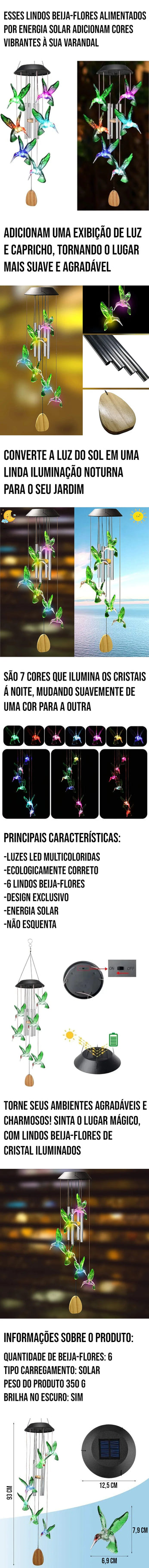 Pêndulo de Luzes Beija-Flor Alimentado por Energia Solar com luzes LED multicoloridas e design exclusivo para decoração de jardins e varandas